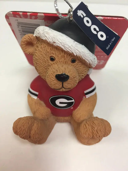 Plush Georgia Bulldogs jersey bear ornament dressed in a white hat with ROCO tag