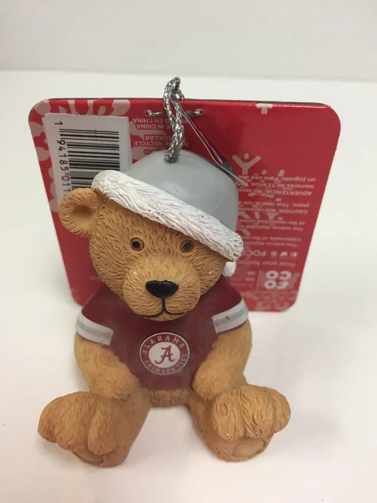 Plush Alabama Crimson Tide Jersey Bear Ornament wearing a white cap and shirt