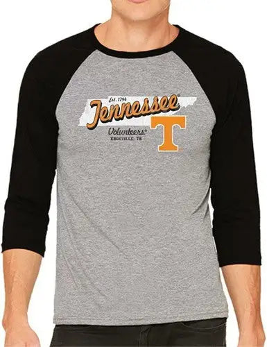 Men’s gray and black raglan t-shirt featuring NCAA Tennessee Volunteers logo for fans