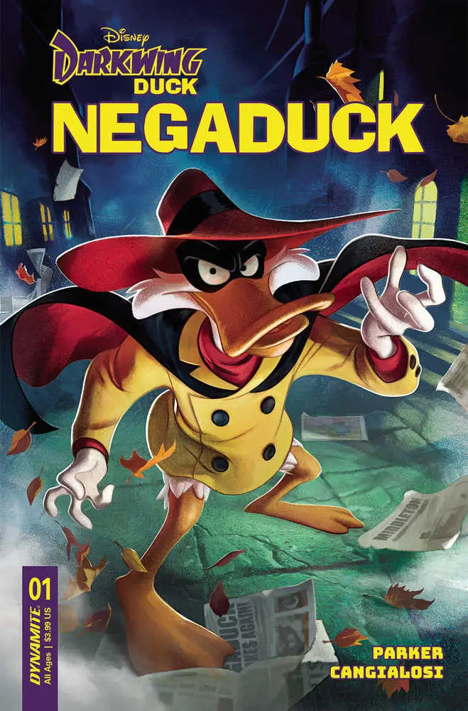 Negaduck in a red cape and yellow coat, featured in trading cards cover art