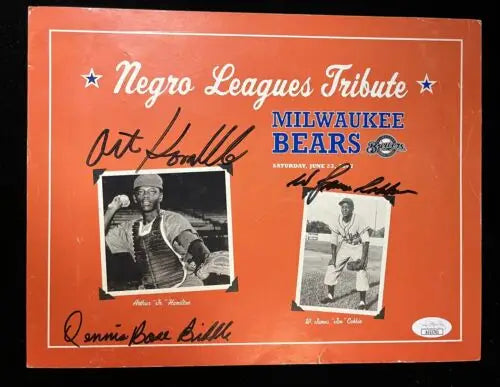 Signed Negro Leagues tribute poster featuring Jim Cobbin and Dennis Biddle for trading cards