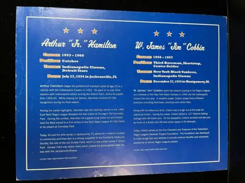 Informational baseball plaque for Jim Cobbin and Dennis Biddle tribute art display