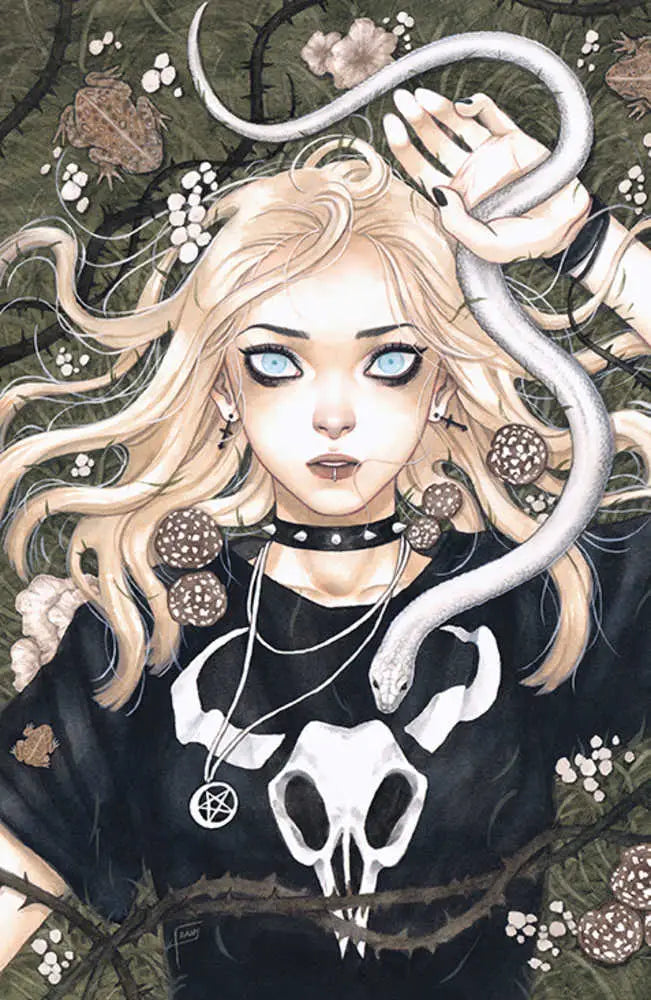 Gothic-style illustration with pale blonde hair and skulls on Neighbors #1 Cover F variant