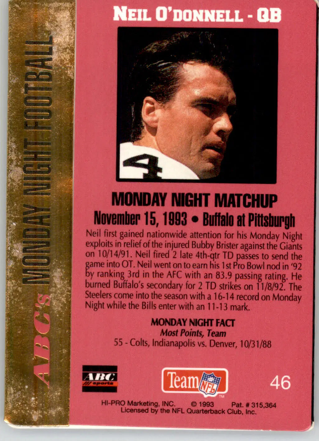 Neil O’Donnell - 1993 Action Packed Monday Night Football - #46 - Football - Football Card Single