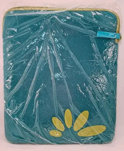 Neoprene blue lime green zippered tablet sleeve with petal design in plastic packaging