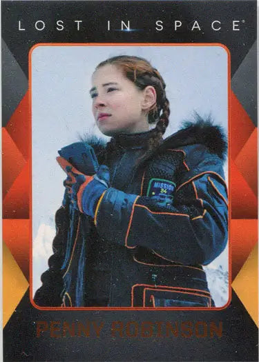 Penny Robinson trading card in a blue futuristic space suit with orange accents