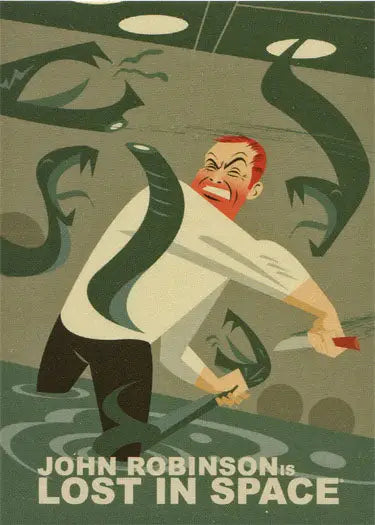 Stylized illustration of Juan Ortiz Character struggling against tentacles in retro sci-fi poster