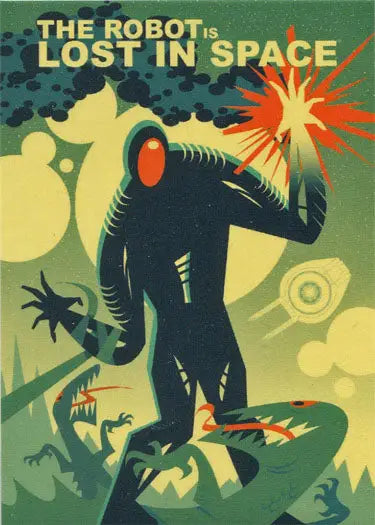 Stylized silhouette of a robot with a glowing red eye in Juan Ortiz Character Card OC8