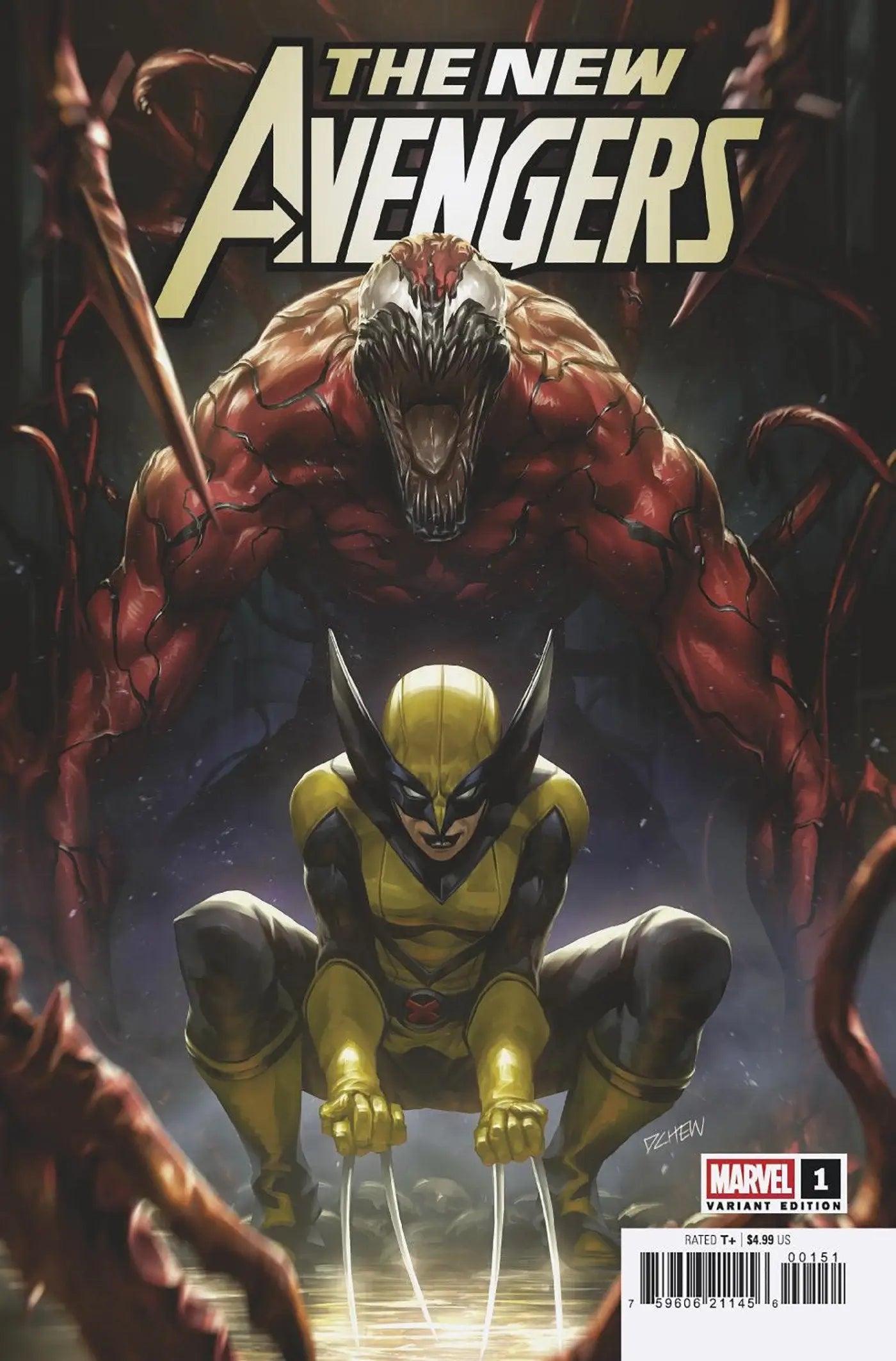 Comic book cover of New Avengers #1 featuring Derrick Chew Carnage and Laura Kinney Wolverine Variant B