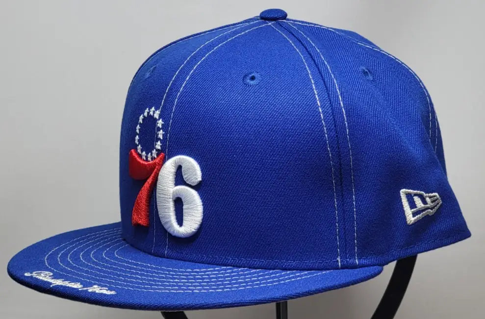 Blue Philadelphia 76ers fitted hat with side script, New Era 5950 59FIFTY style