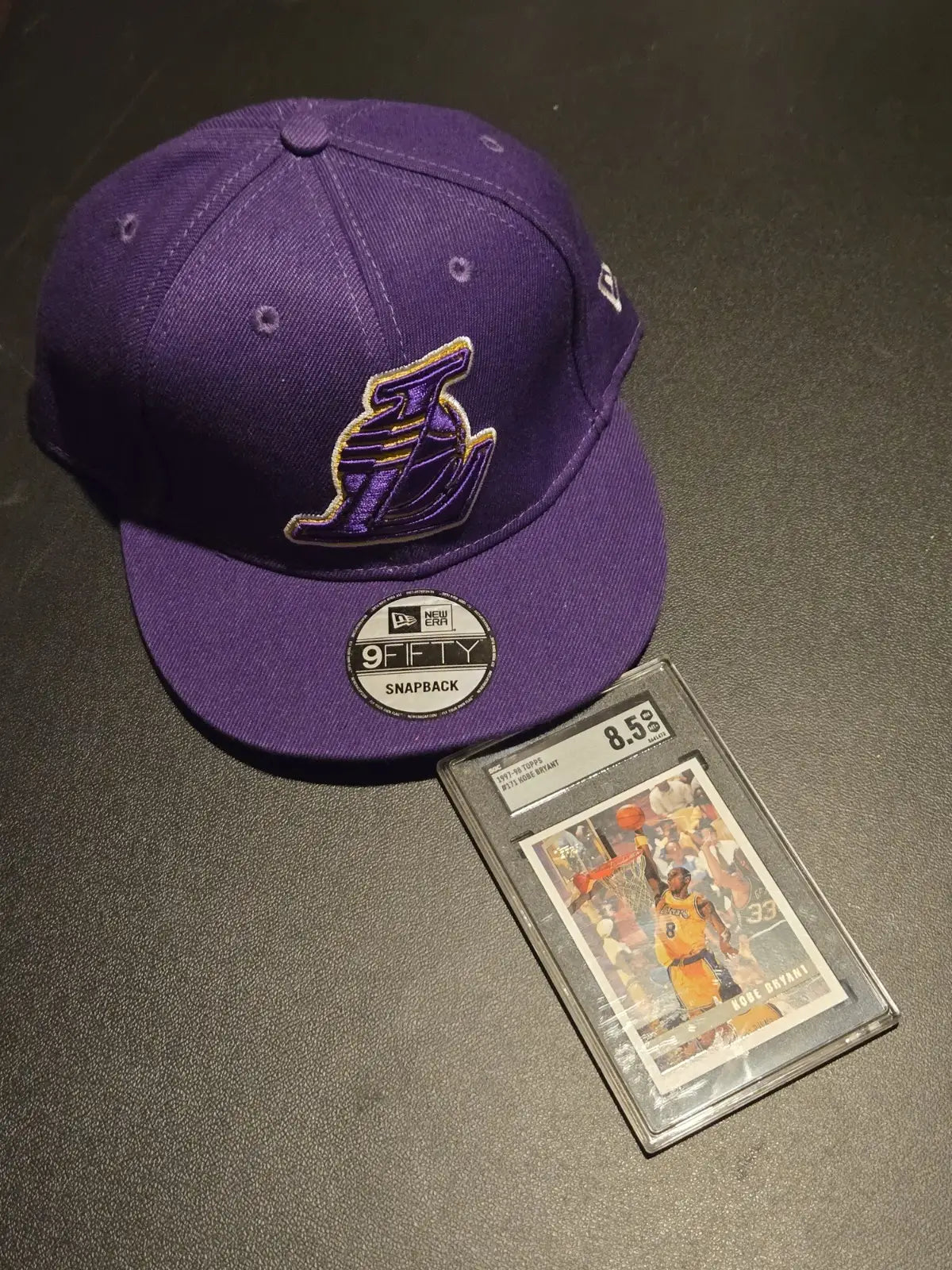 New Era Lakers 9Fifty Snapback Hardwood Classics Hat + 1997 Kobe Bryant SGC 8.5 - Basketball Card Single