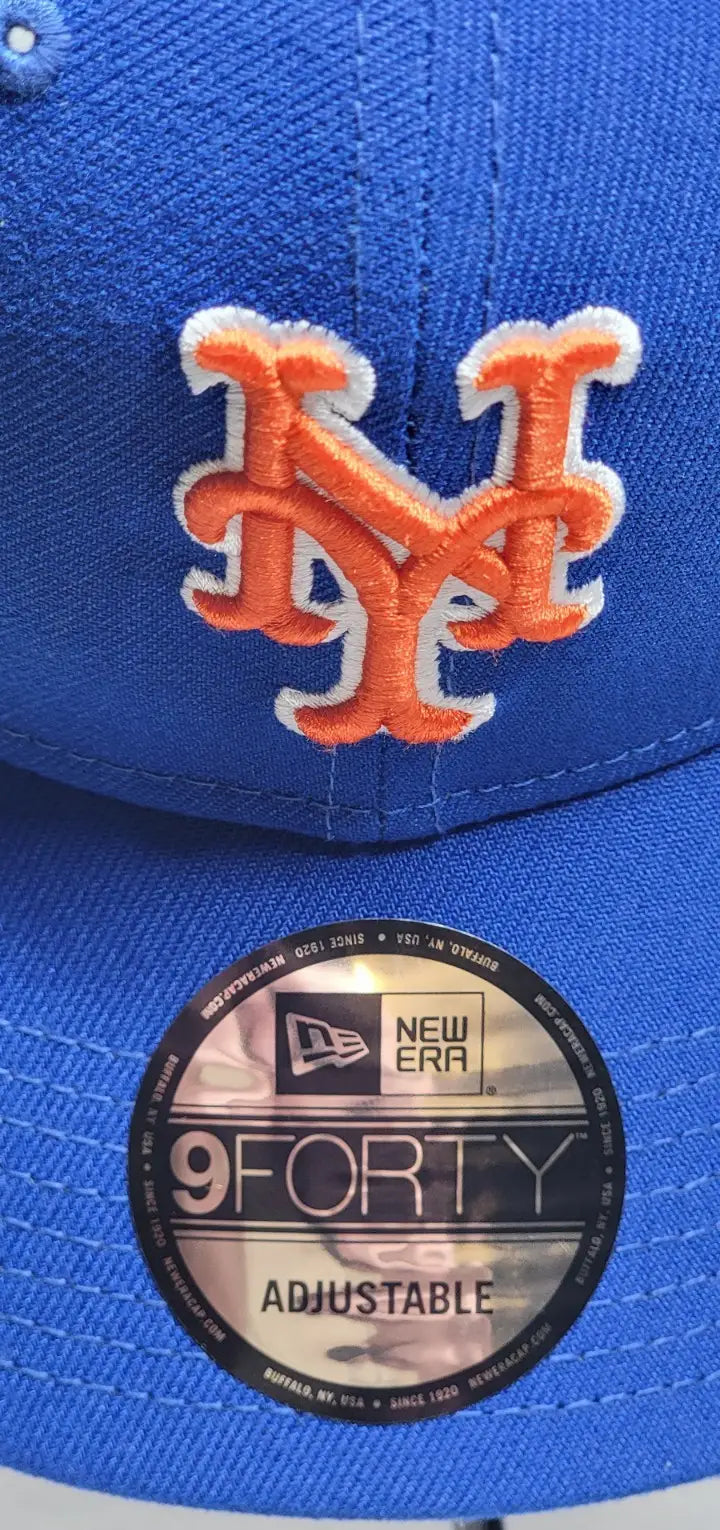 Blue baseball cap with orange New York Mets logo, Mets blue 9 Forty Hook & Loop hat
