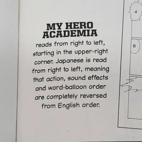 Page from New My Hero Academia Volume 1 manga explaining reading direction by Kohei Horikoshi