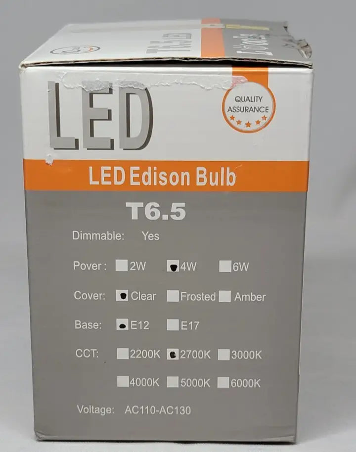 Retail box for New T6.5 4W E12 LED Edison light bulbs clear cover 2700K 12 pack