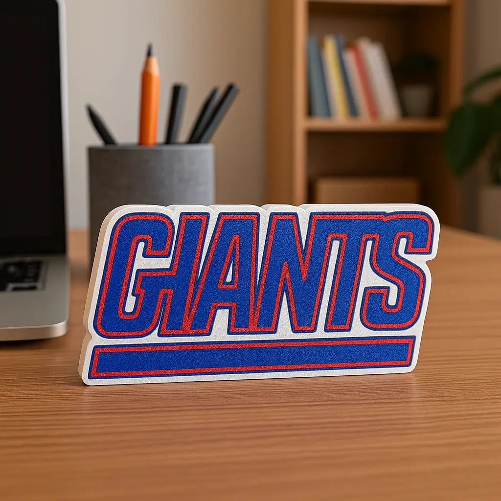 White and blue New York Giants logo desk sign with red trim for man cave decor