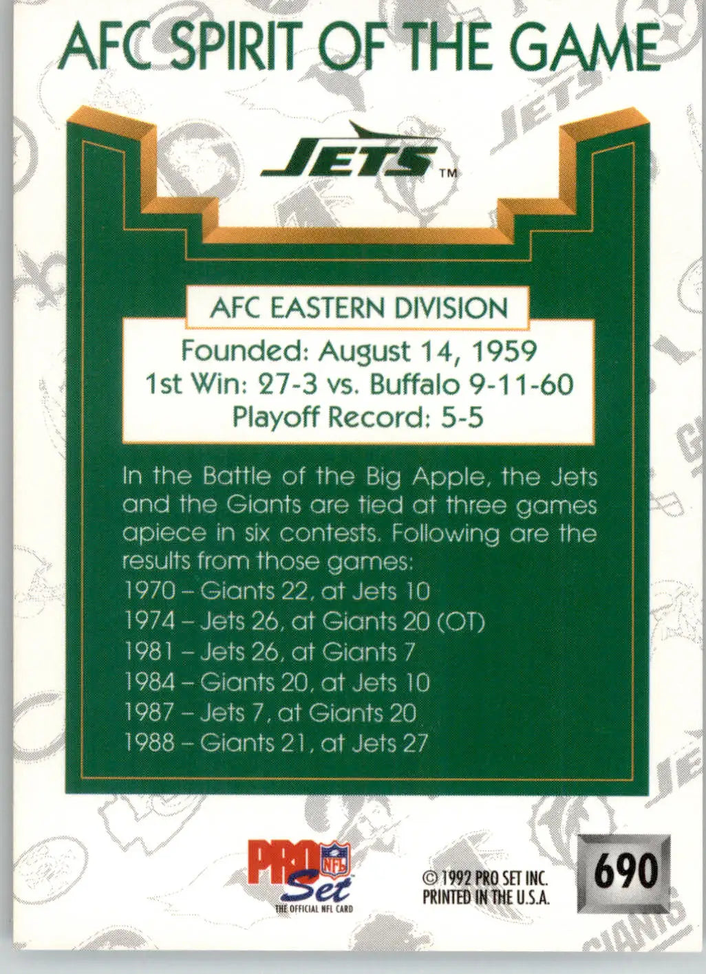New York Jets SOTG - 1992 Pro Set - #690 - Football - Football Card Single