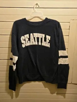 NewYork Popular Sweatshirt Mens XL Seattle Navy White Striped Sleeve Applique - Apparel