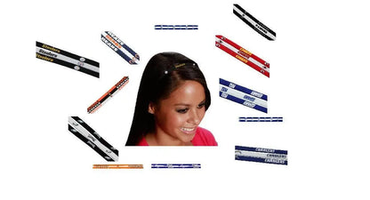 Woman with dark hair smiling, showcasing NFL elastic headbands and hair clips