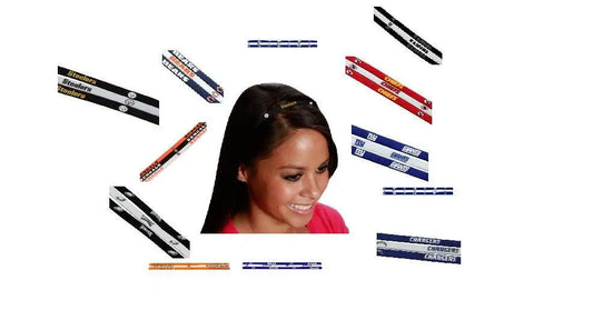 Woman with dark hair smiling, showcasing NFL elastic headbands and hair clips