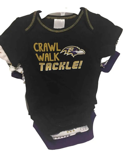 NFL Baltimore Ravens infant onesie with Crawl Walk Tackle text and team logo