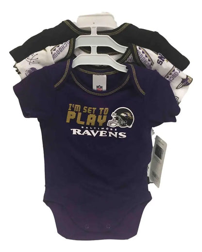 Set of three NFL Baltimore Ravens infant onesies in various colors and designs