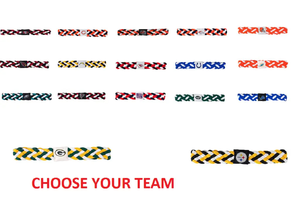 Colorful braided team bracelets and NFL headbands featuring logos for sports fans