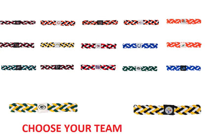 Colorful braided team bracelets and NFL headbands featuring logos for sports fans