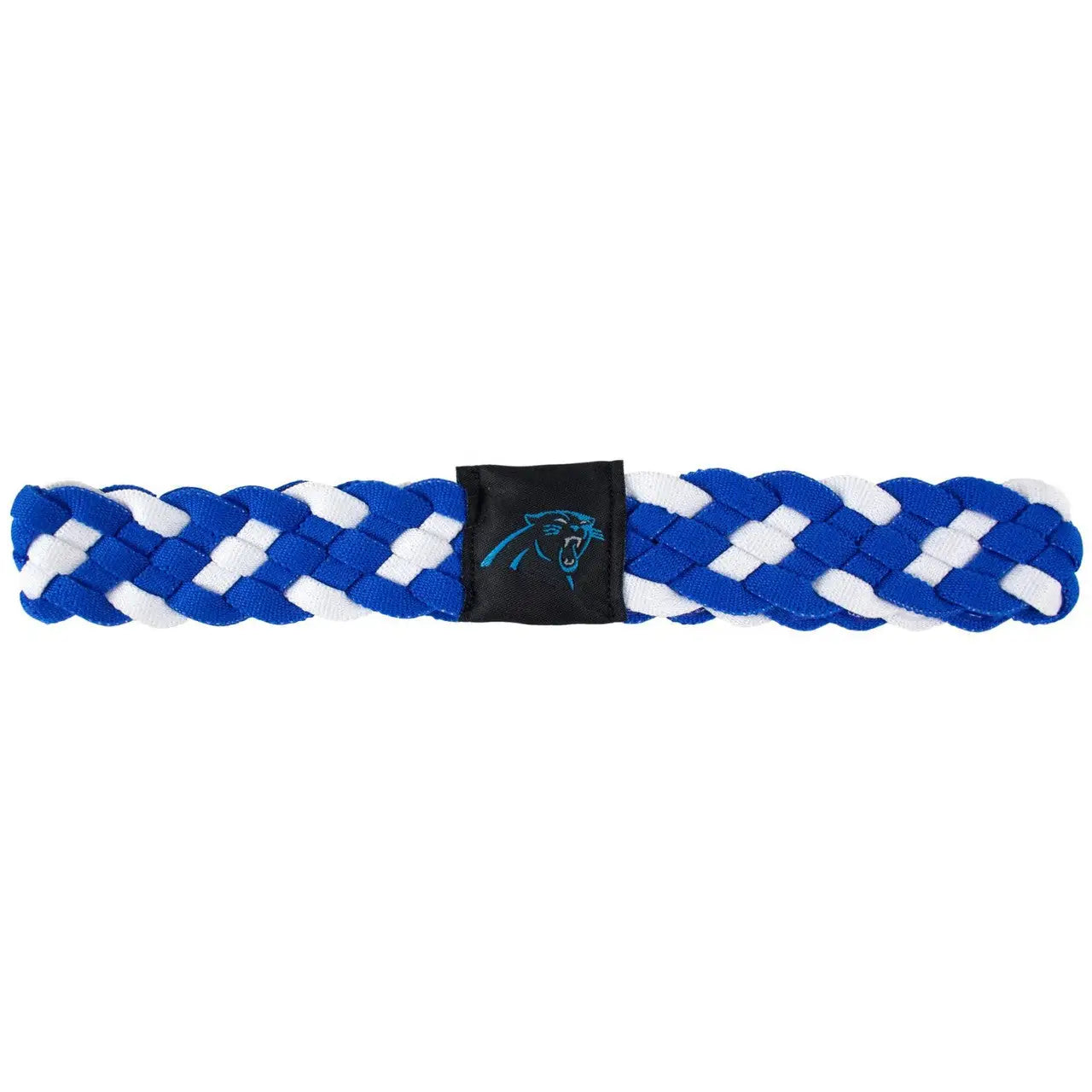 Braided blue and white headband featuring Carolina Panthers logo for team pride