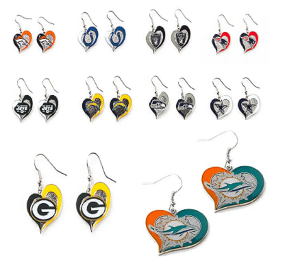 NFL Football Swirl Heart Earrings showcasing heart earrings with team logos