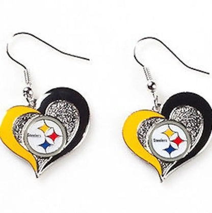 Heart earrings featuring Pittsburgh Steelers logo in yellow and black enamel accents