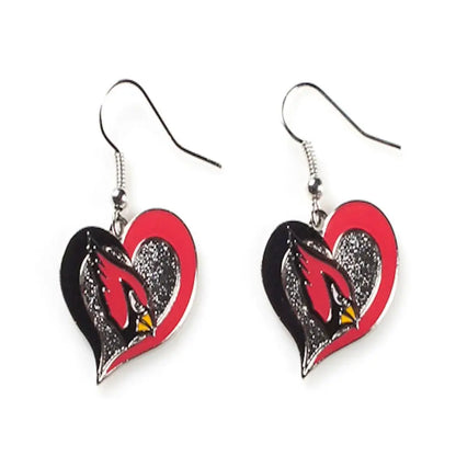 Heart earrings featuring Arizona Cardinals logo in swirl heart design for NFL fans