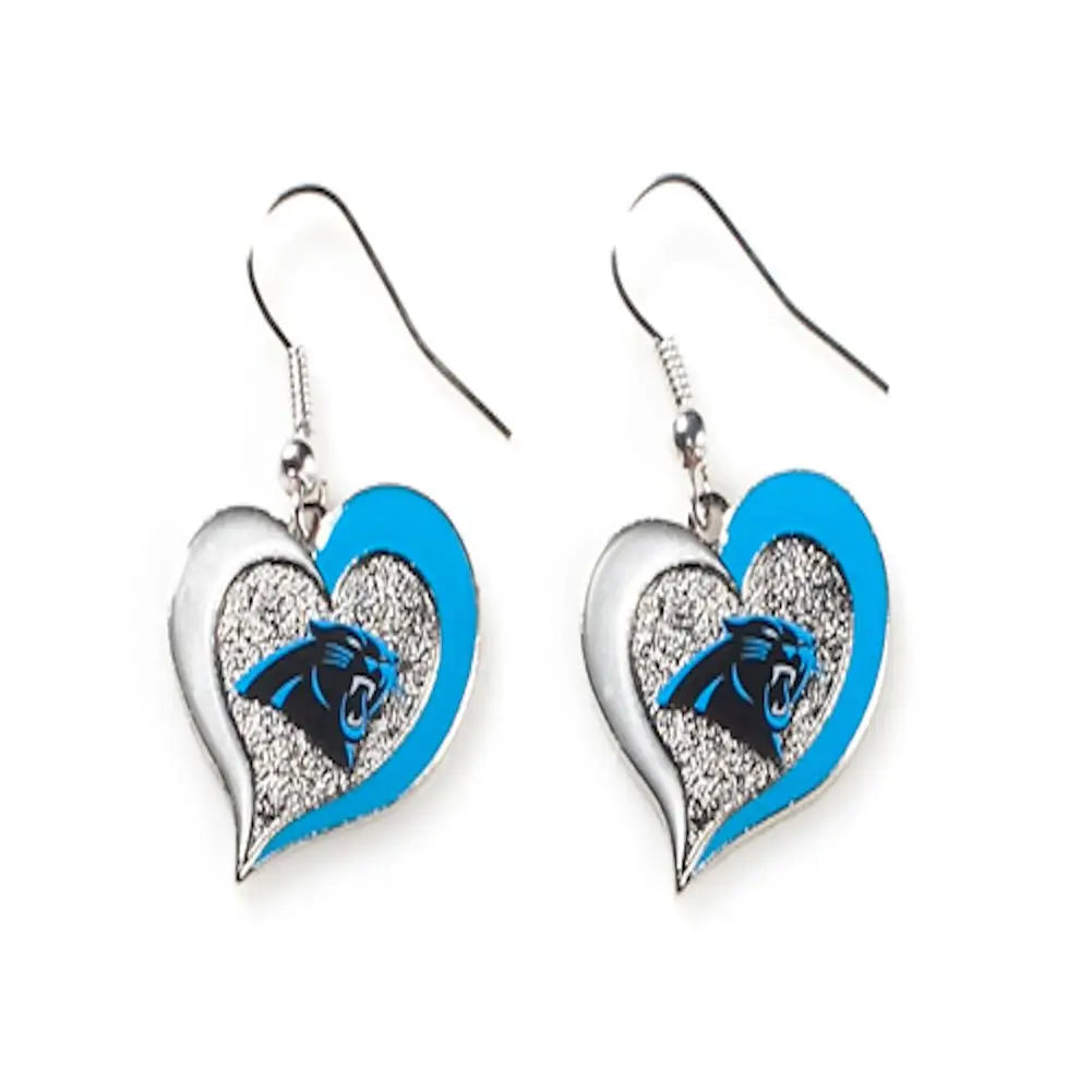 Heart earrings in a swirl heart design featuring the Carolina Panthers logo