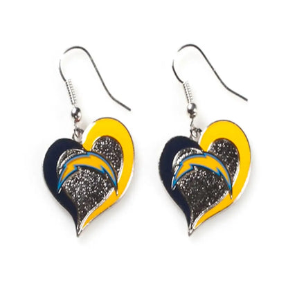 Heart earrings in a swirl heart design featuring Los Angeles Chargers colors and logo
