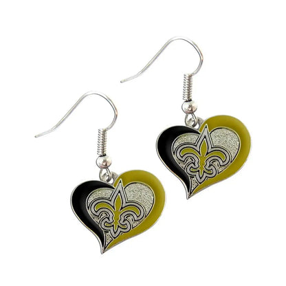 Heart earrings with New Orleans Saints logo in NFL Football Swirl Heart Earrings design