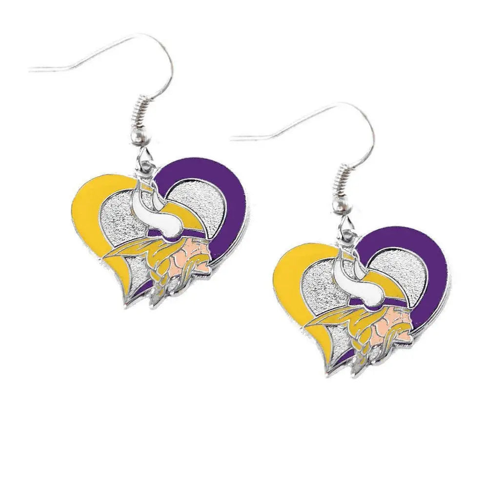 Heart earrings with purple and yellow colors and Viking-style logo in NFL Football Swirl design