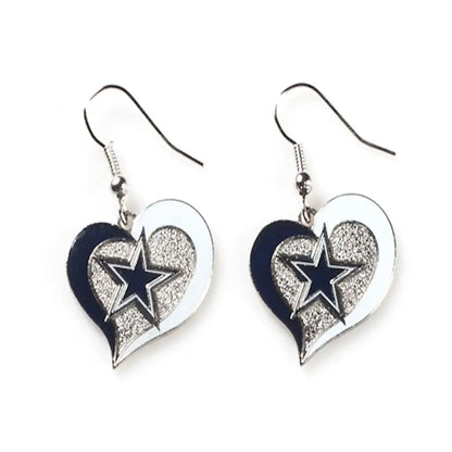 Heart earrings with silver and navy blue star design in NFL Football Swirl Heart style
