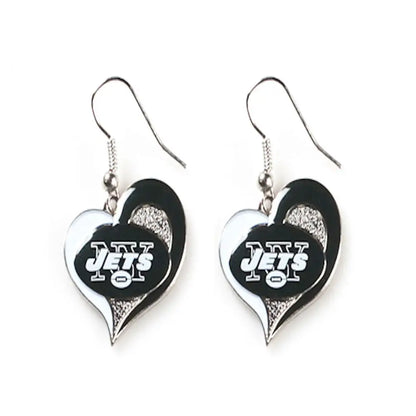 Heart earrings with New York Jets logo in NFL swirl heart design