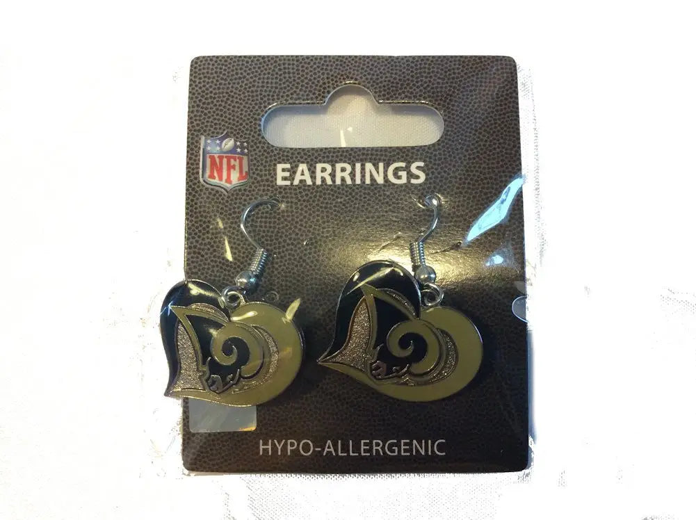 NFL-branded Los Angeles Rams swirl heart earrings in retail packaging for football fans
