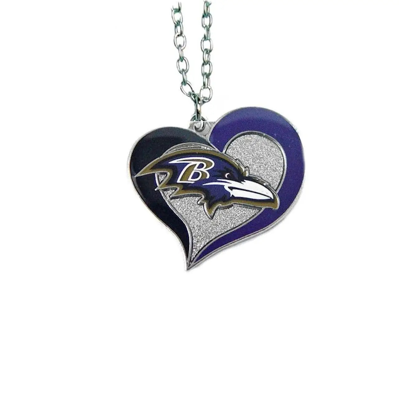 Heart shaped Baltimore Ravens logo pendant on NFL Football Swirl Heart Necklace