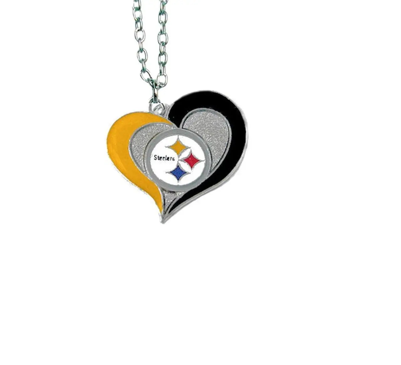 Heart shaped pendant necklace with Pittsburgh Steelers logo in swirl heart design