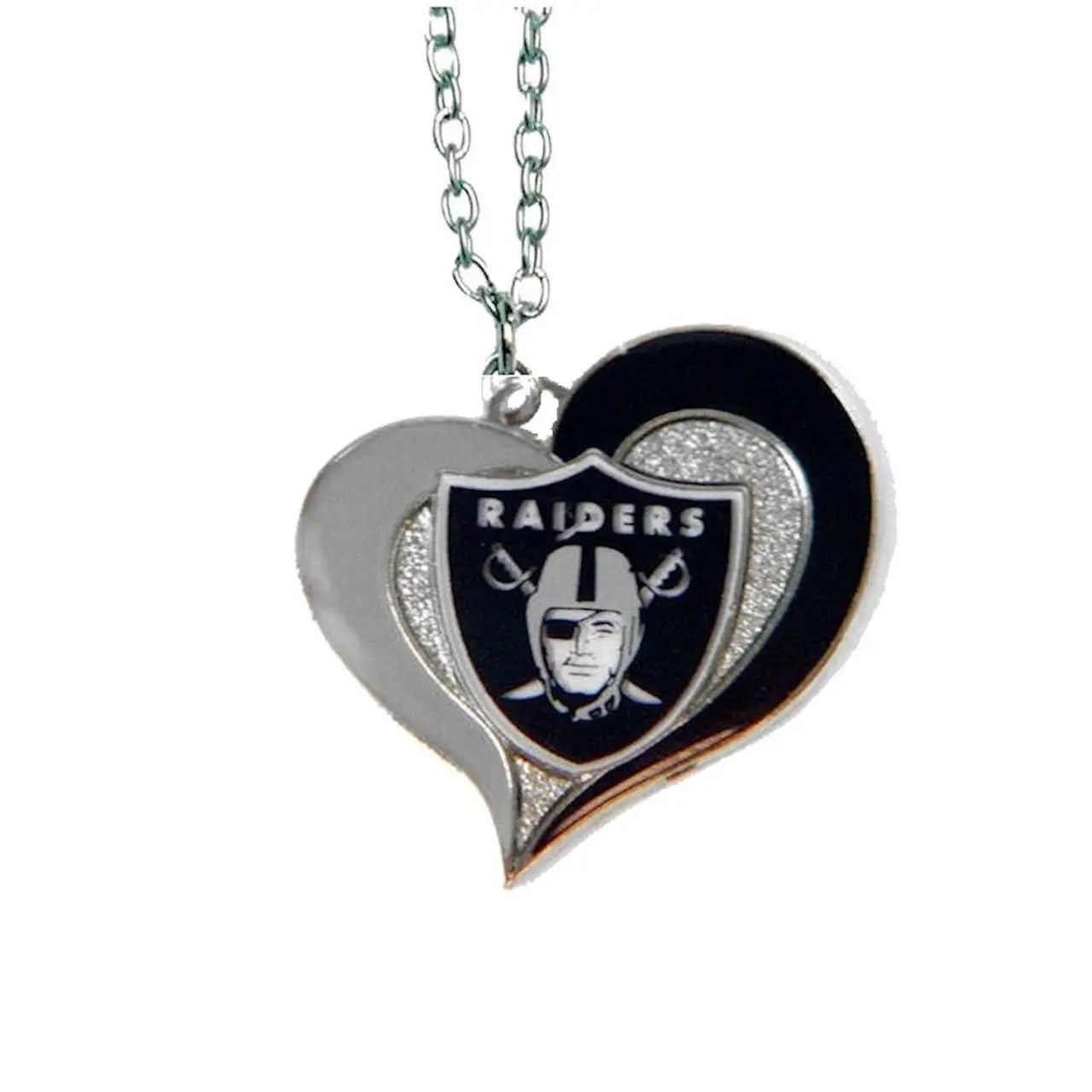 Heart shaped pendant necklace with Oakland Raiders logo in swirl heart shaped design