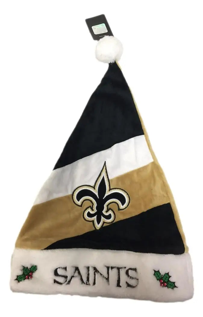 New Orleans Saints-themed Santa hat featuring team colors and logo for holiday cheer