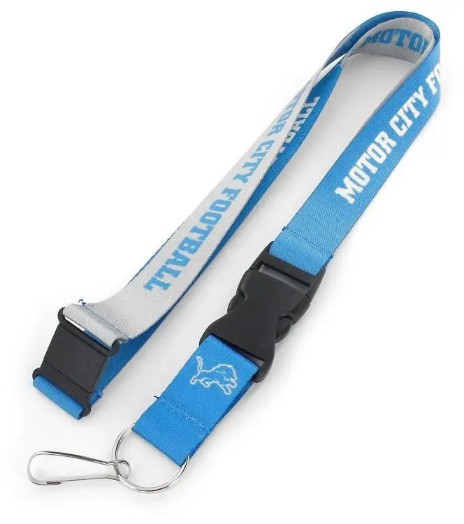 Blue and white Detroit Lions slogan lanyard featuring Motor City text for sports fans