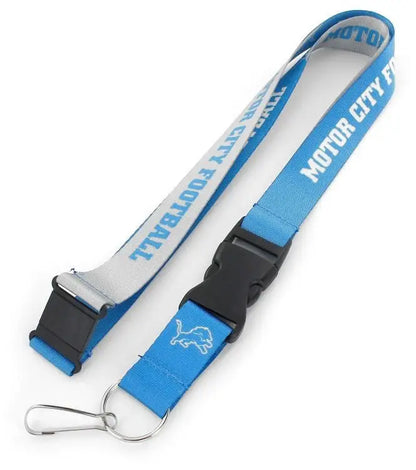 Blue and white Detroit Lions slogan lanyard featuring Motor City text for sports fans