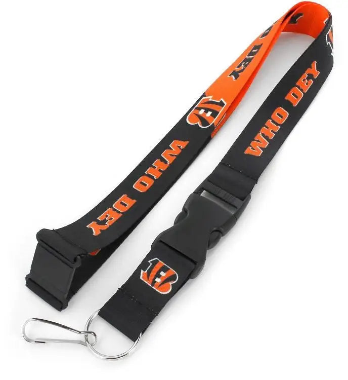 Orange and black slogan lanyard featuring Who Dey text and Cincinnati Bengals logo
