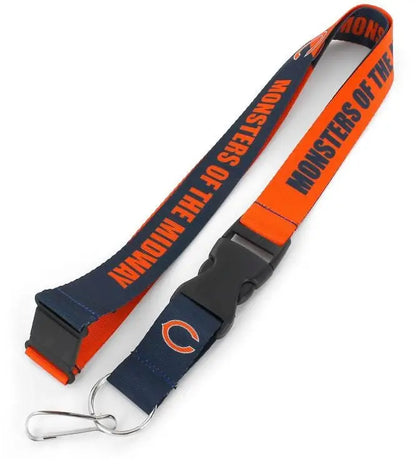 Orange and navy blue Chicago Bears slogan lanyard for NFL trading cards and baseball cards
