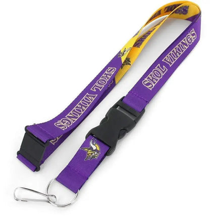 Purple and yellow slogan lanyard with Minnesota Vikings logo for trading cards