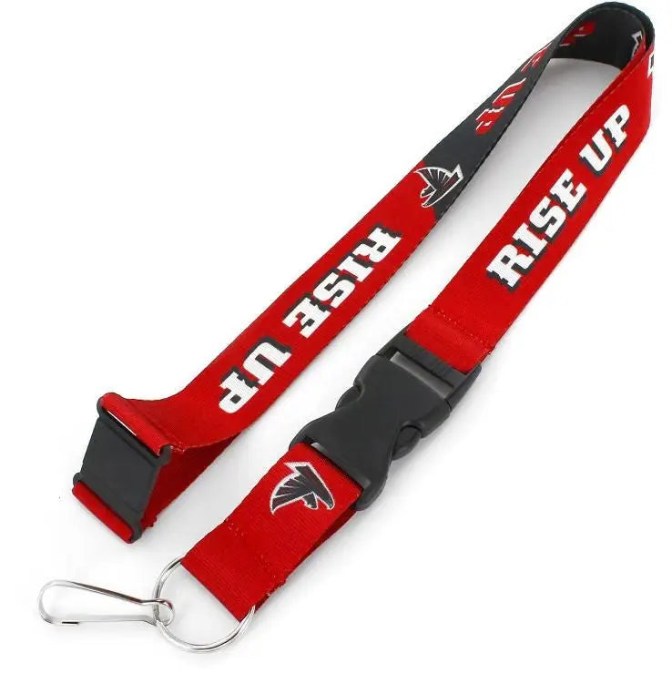 Red and black slogan lanyard featuring RISE UP text and a falcon logo for NFL teams