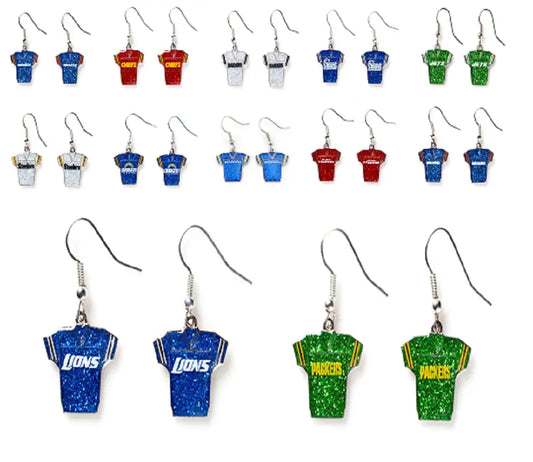 Colorful NFL Football Team logo glitter jersey earrings in various designs and colors