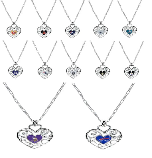 Heart-shaped Ivy pendant necklaces featuring NFL team logos and colorful gemstones